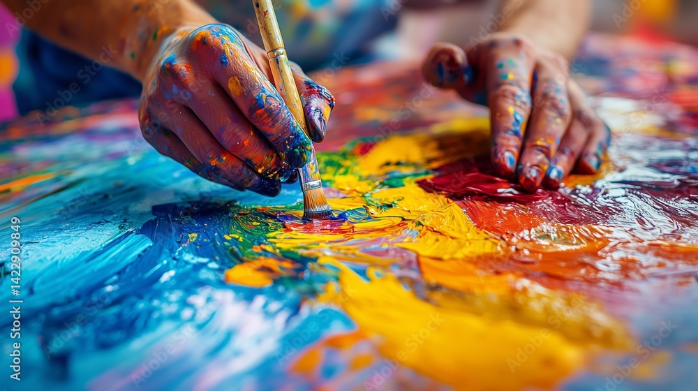 Close up artist painting on a large canvas. Hands smeared with vibrant paint, and splatters of color on their clothing and studio floor. Close up artist painting on a large canvas. Hands smeared with vibrant paint, and splatters of color on their clothing and studio floor.