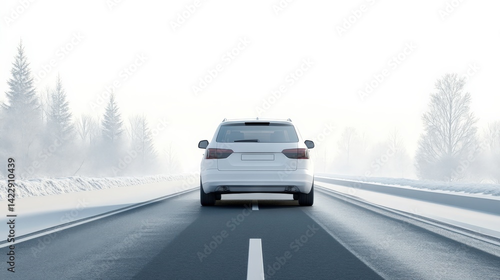 White Car Driving on Empty Highway in Pastel Background White Car Driving on Empty Highway in Pastel Background