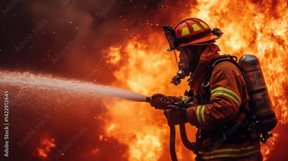 Naklejka premium firefighter in action extinguishing fire with a hose - image for design