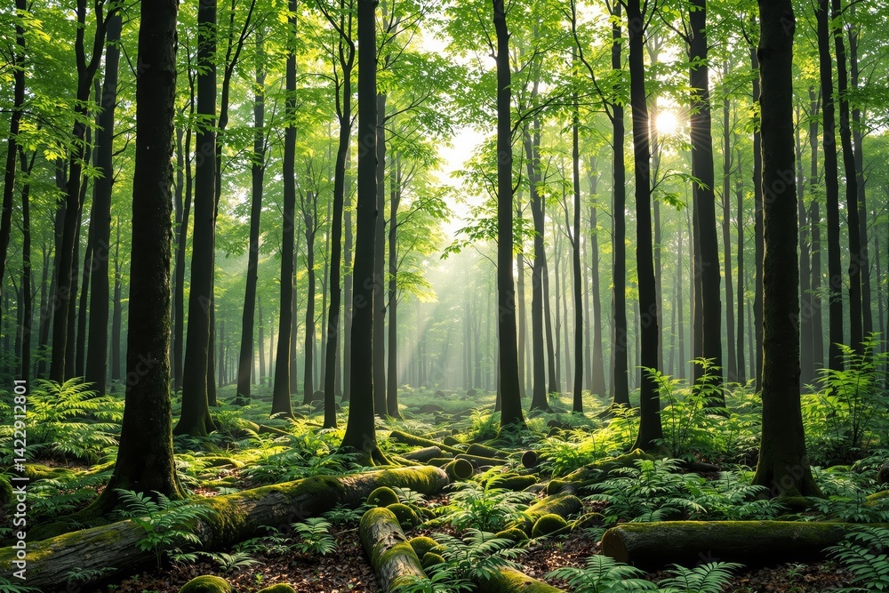 Obraz premium Dense green forest with tall trees and sunbeams, photorealistic style, morning light background, concept of nature and tranquility. Ai generative