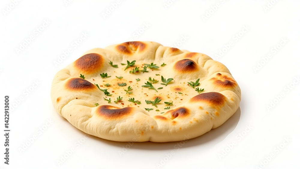 Obraz premium A Solitary Golden-Brown Freshly Baked Garlic Naan Rotis on a Wooden Surface