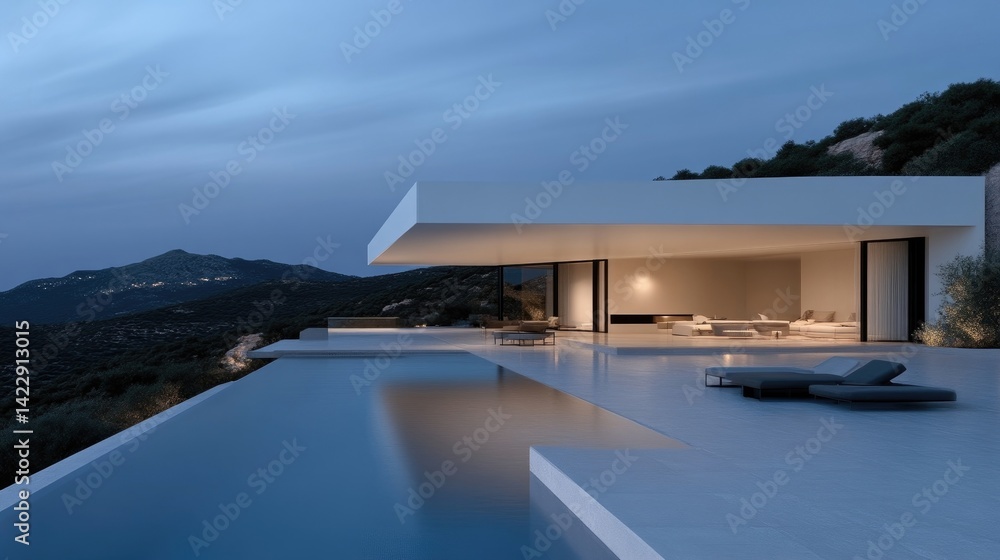 Fototapeta premium A modern minimalist luxury villa with an infinity pool overlooks rolling hills at dusk.