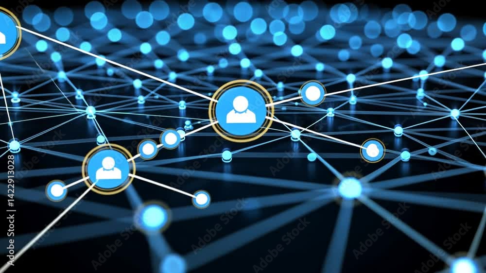 Digital network graphic with glowing nodes and connected people icons