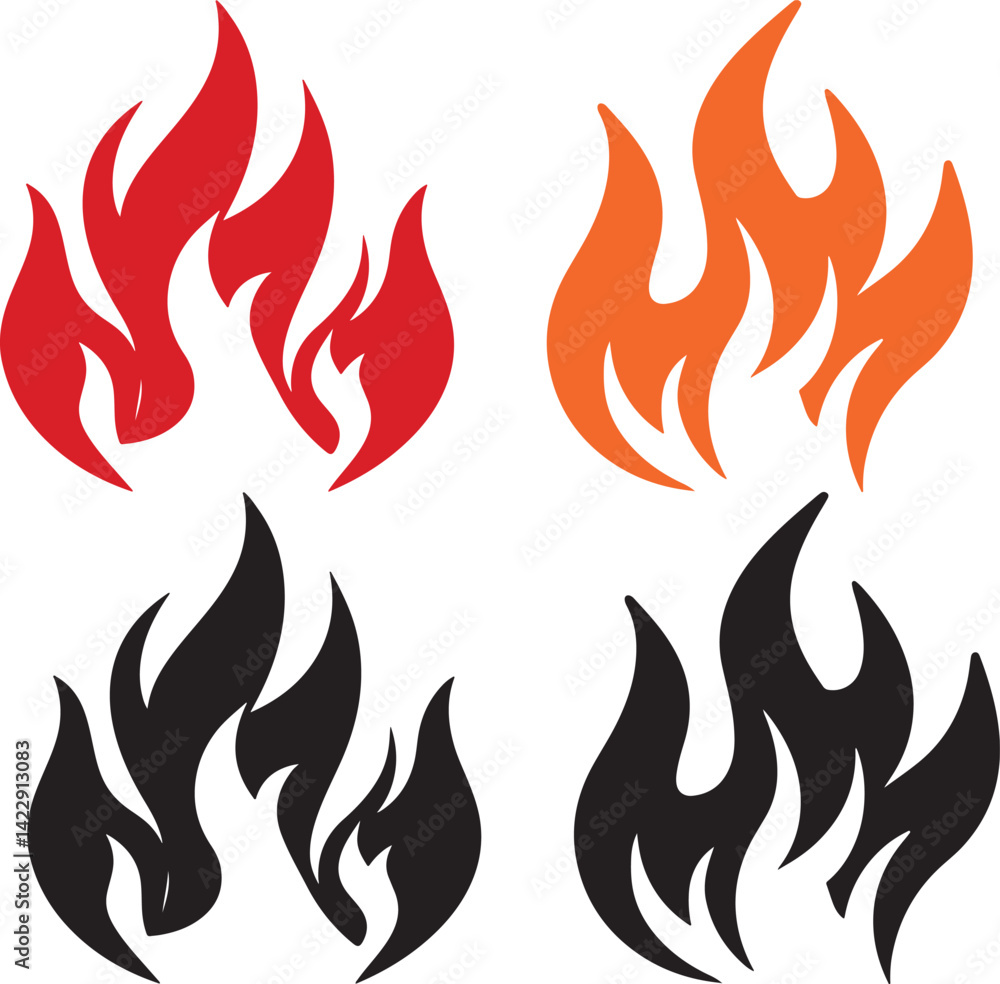 A set of fire flames illustration with hot, burning elements in orange and yellow colors A set of fire flames illustration with hot, burning elements in orange and yellow colors