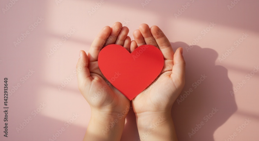 Obraz premium Hands Holding Red Heart against Soft Pink Background 