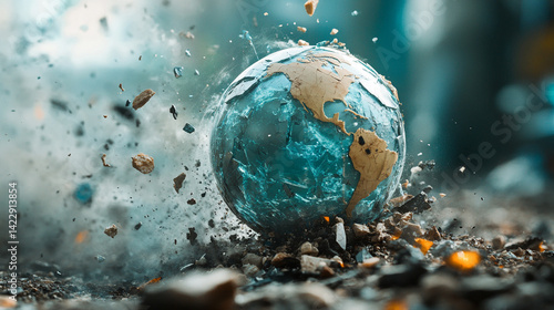 Shattered earth symbolizes global chaos and conflict representing a fractured world order instability climate crisis geopolitical tension and the urgent need for unity and global cooperation

