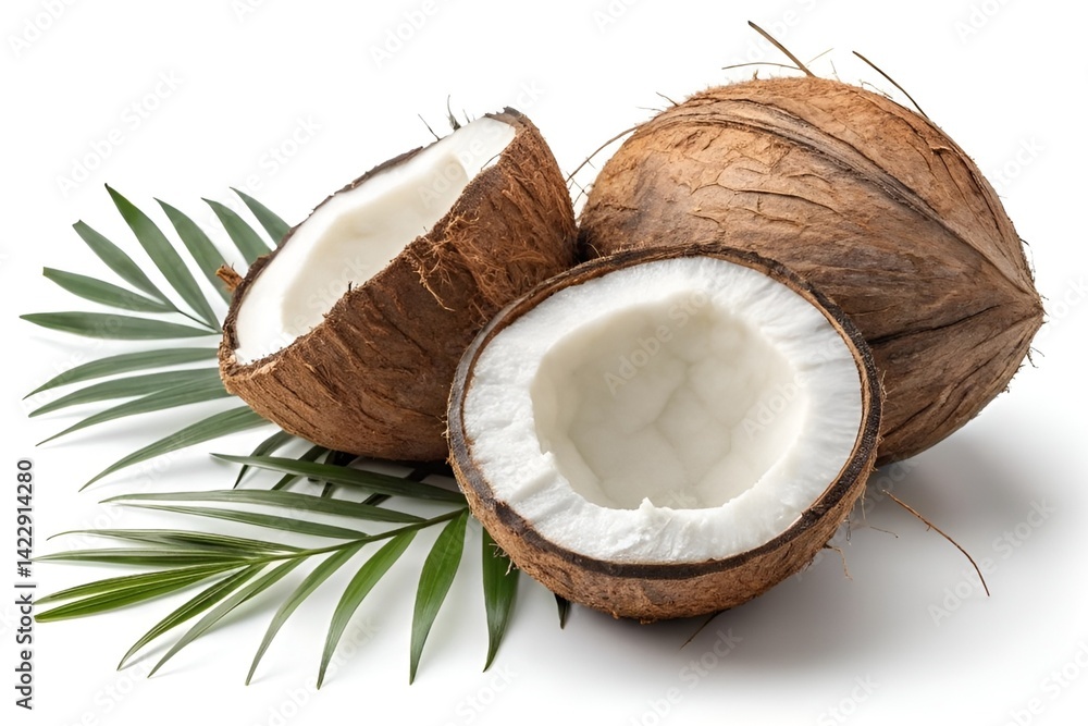 Split Coconut Close-Up with White Flesh and Palm Leaves on White Background Split Coconut Close-Up with White Flesh and Palm Leaves on White Background