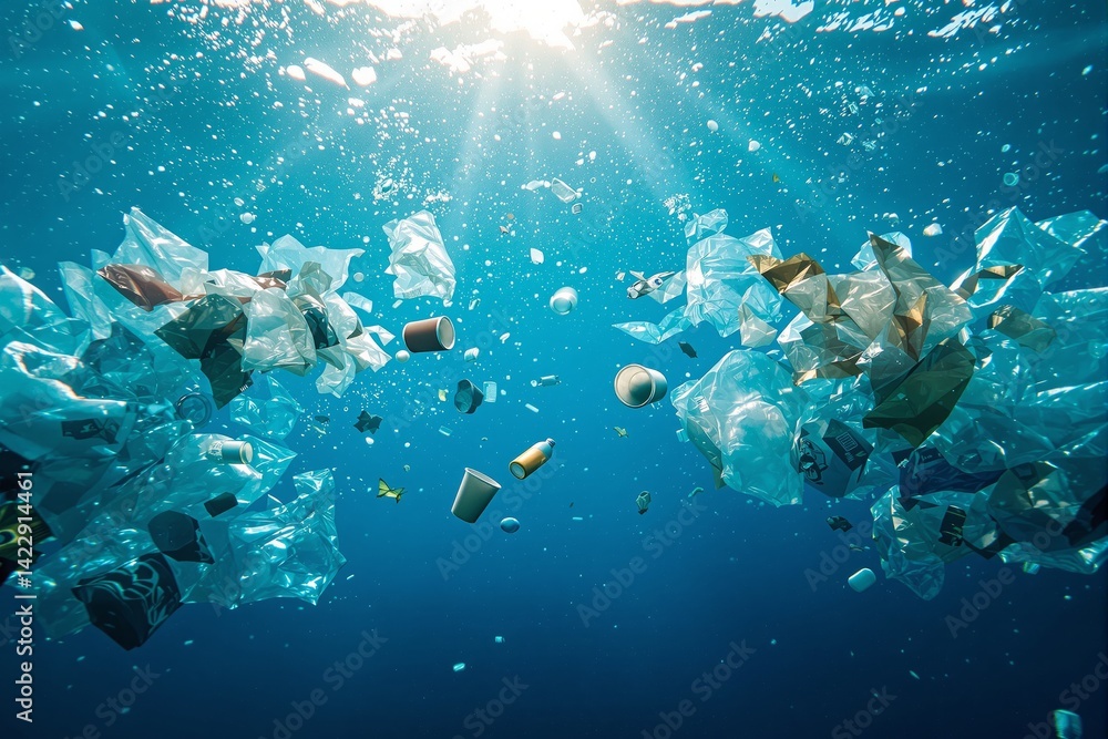 Floating plastic waste and garbage underwater with sunlight rays in a digital art style, blue ocean background, concept of environmental pollution. Ai generative