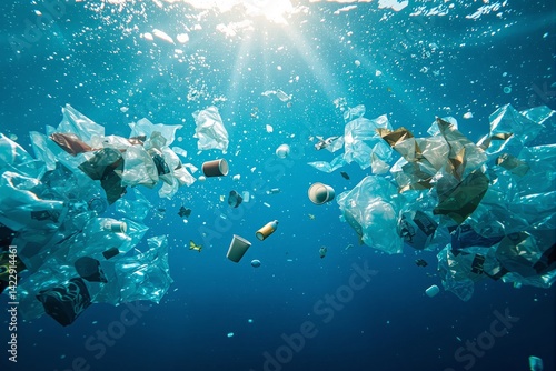 Obraz na płótnie Floating plastic waste and garbage underwater with sunlight rays in a digital art style, blue ocean background, concept of environmental pollution. Ai generative w salonie