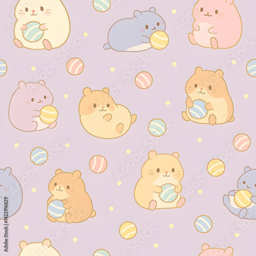 Wallpaper Mural Cute pastel hamsters playing with balls seamless pattern kawaii design minimal environment for creative projects Torontodigital.ca