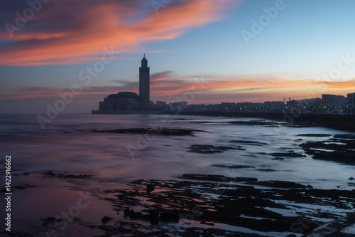 Hassan II Mosque with sunset sunrise backdrop, Casablanca, Morocco