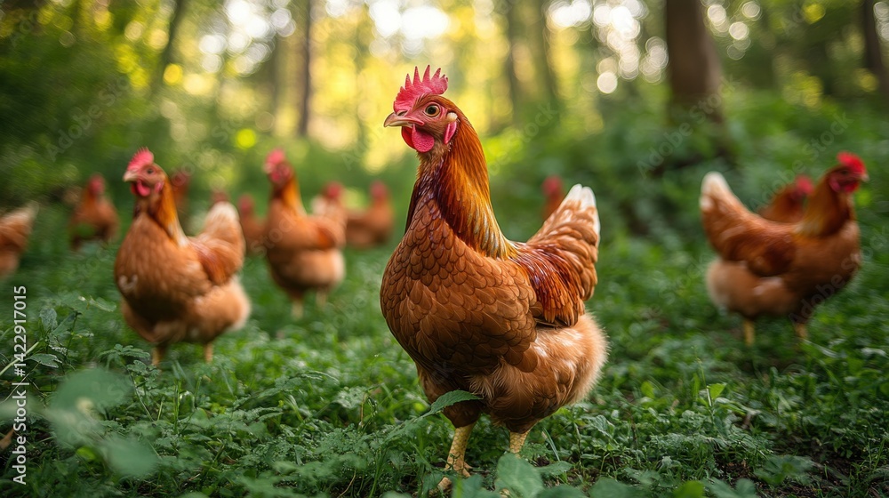 Fototapeta premium free range chickens pecking and grazing on the farm - image for design