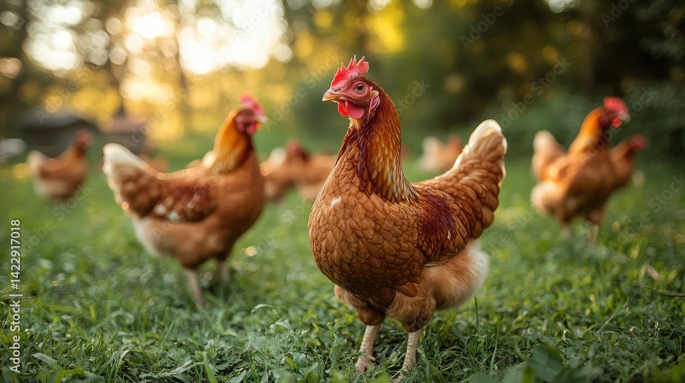 Fototapeta premium free range chickens pecking and grazing on the farm - stock photo