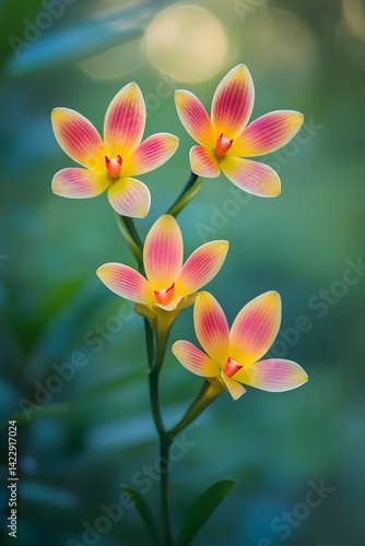 Stunning Closeup of Four Blooming Pink Yellow Orchids
