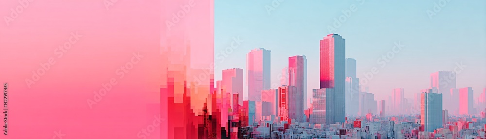 Fototapeta premium Glitch art futuristic city, fragmented skyscrapers, digital noise effects, surreal cyber-tech landscape, AI-infused urban vision, abstract dystopian metropolis, glitchcore aesthetic, immersive