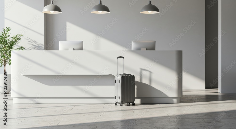 Fototapeta premium modern hotel reception area featuring sleek front desk, stylish luggage, and natural light. minimalist interior design emphasizes travel themes in contemporary hospitality environment