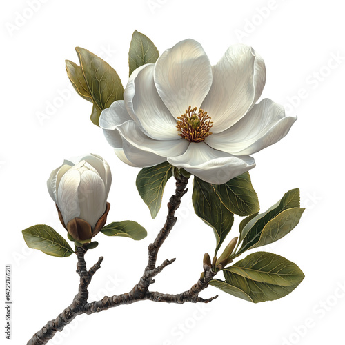 Botanical Illustration: Exquisite White Magnolia Blossom and Bud on Branch