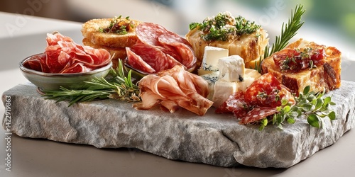 Cured Italian meats like salami, speck, sausage with parmesan wedges, olives, cherry tomatoes and herbs on stone slab.