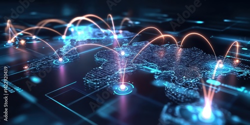 Global business connections illustrated by dotted lines and digital points around a world map, showing intercompany communication.