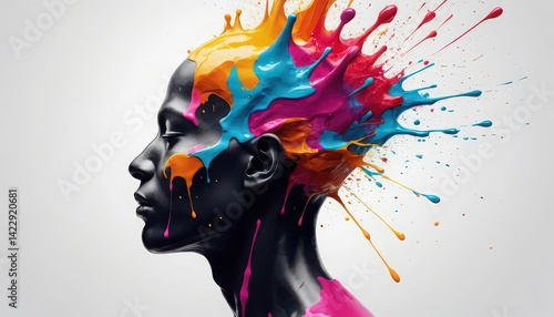 Fototapeta Naklejka Na Ścianę i Meble -  Profile view of a dark skinned person with colorful paint splatters on their head and upper body