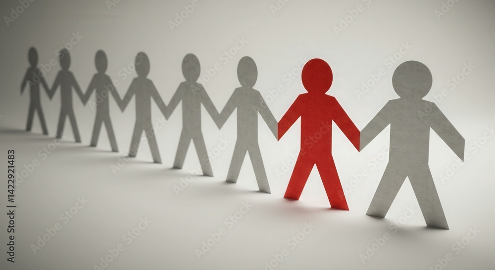 unity concept featuring paper cutouts with one red figure amidst gray. symbolizing diversity and uniqueness in team dynamics, individuality in group, standout personality in uniformity unity concept featuring paper cutouts with one red figure amidst gray. symbolizing diversity and uniqueness in team dynamics, individuality in group, standout personality in uniformity