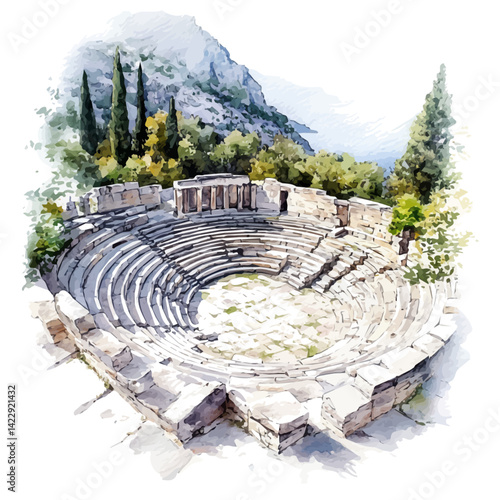 Ancient Amphitheater In Delphi, vector watercolor illustration, isolated on a white background.