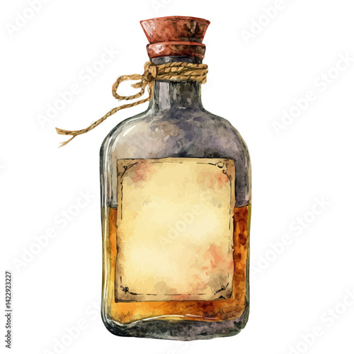 watercolor of Ancient Alchemy Bottle With Label, vector, isolated on a white background.