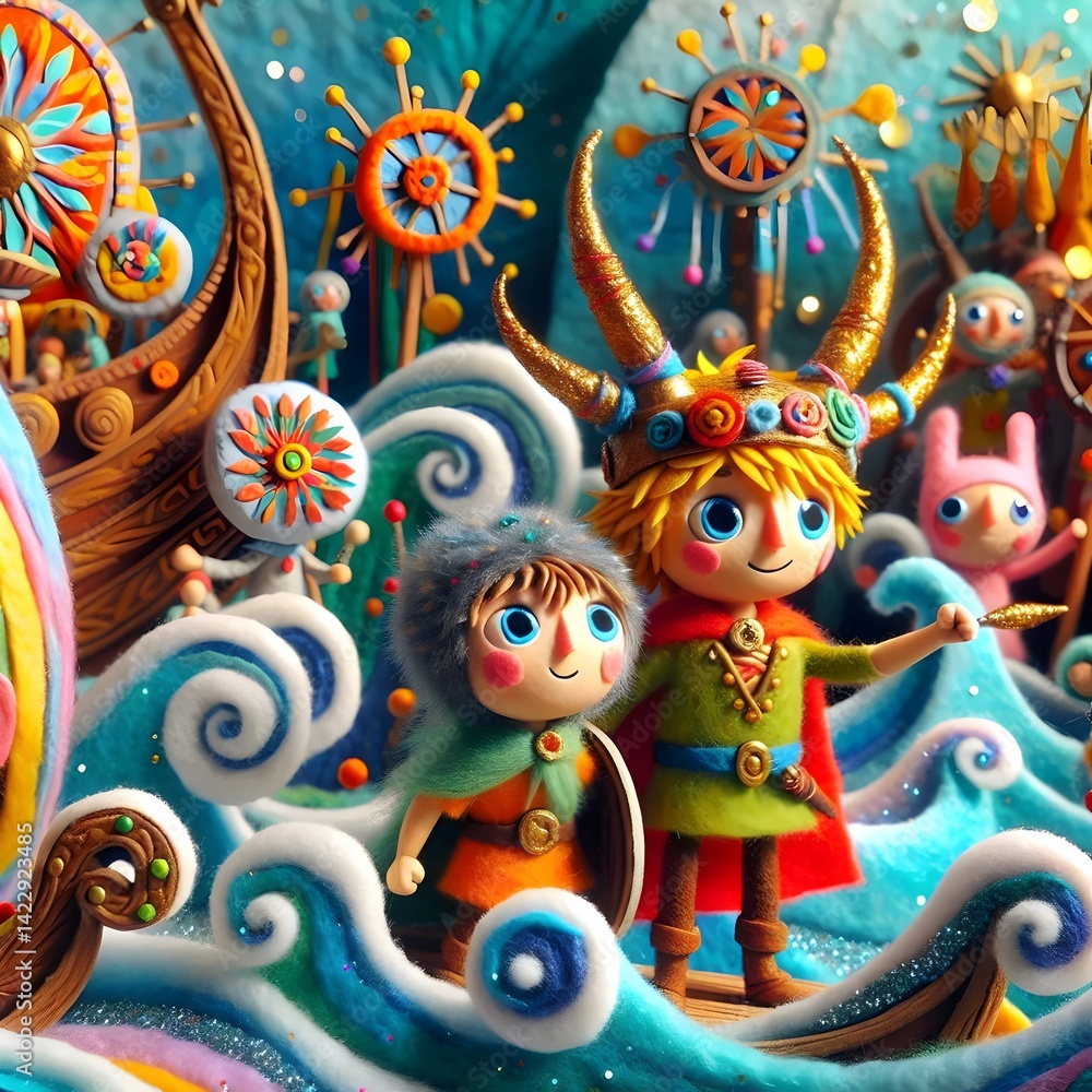 Fototapeta premium Vikinguitos de Lana: Aventuras entre Olas de Felpa