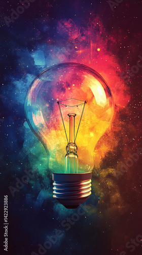 Surreal floating lightbulb filled with swirling cosmos and nebulae radiating rainbow light waves symbolizing limitless imagination creative thinking and the fusion of science and artistic vision


