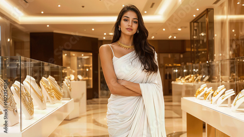 Gorgeous Indian Woman in White Saree Surrounded by Gold Jewelry Displays generative ai