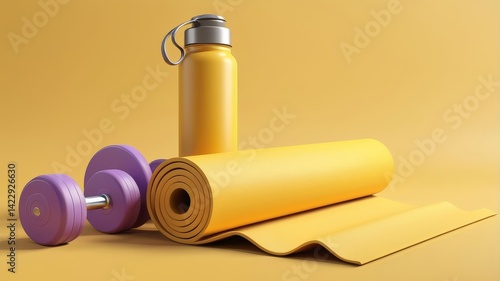 The  illustration of the youga matt with dumbles and water bottle setup of the workout