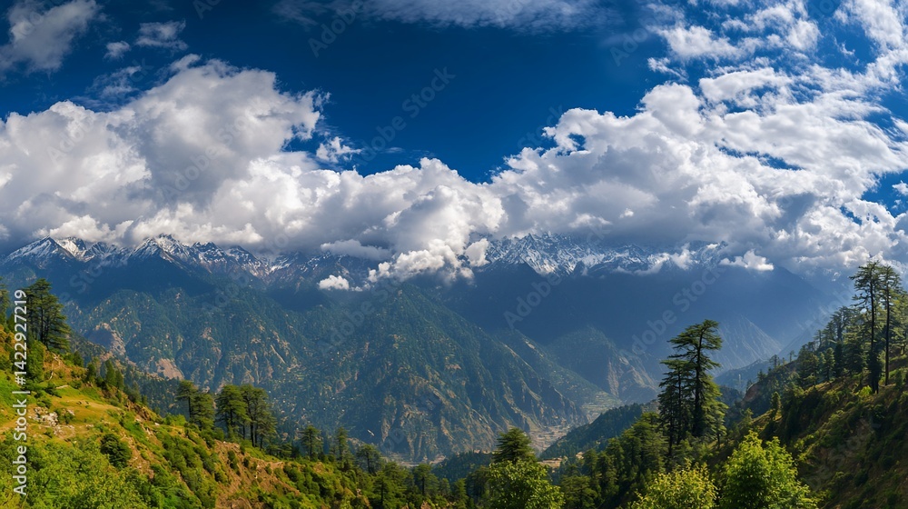 Panoramic view of the majestic Himalayan mountains with snow-capped peaks Panoramic view of the majestic Himalayan mountains with snow-capped peaks