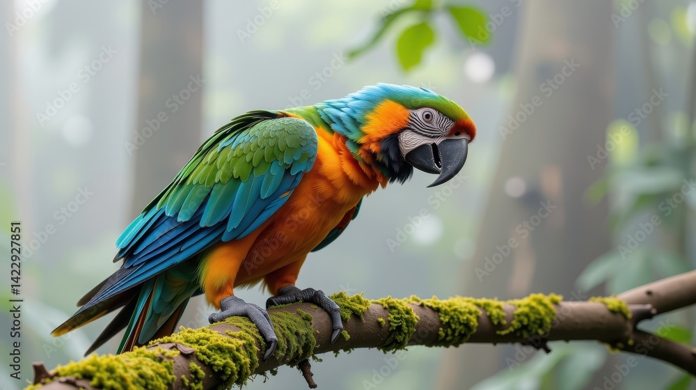 Obraz premium Vibrant parrot perched on a branch in a misty jungle setting.