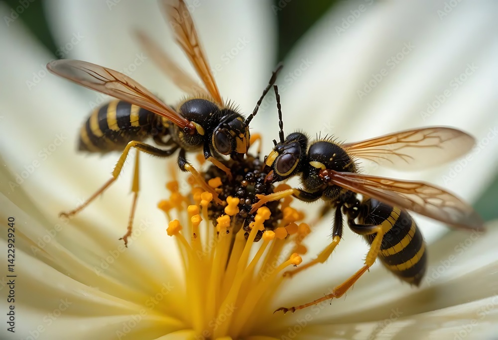 Naklejka premium Wasps Feasting: A Close-Up Macro of Two Wasps on a Flower