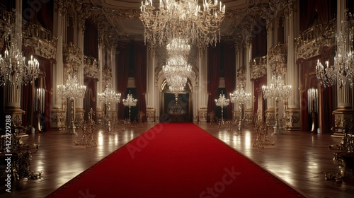 Opulent Ballroom Interior with Red Carpet and Crystal Chandeliers