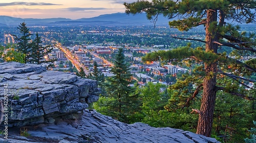 Panoramic twilight view of Missoula, Montana, showcasing urban landscape from Mount Sentinel