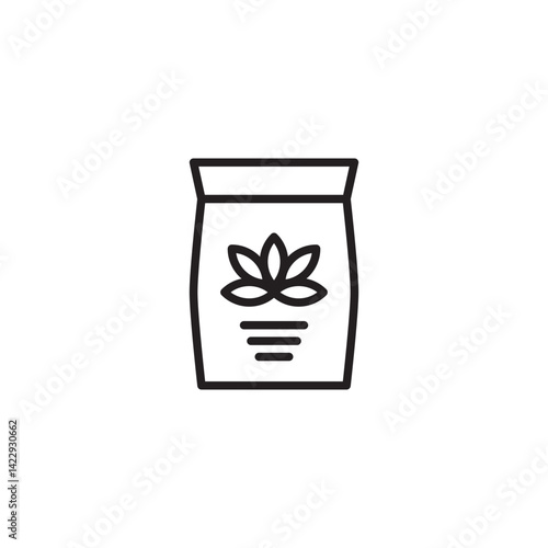A minimalist line drawing shows a sealed bag or pouch with a stylized flower or leaf design and three horizontal lines on its front.