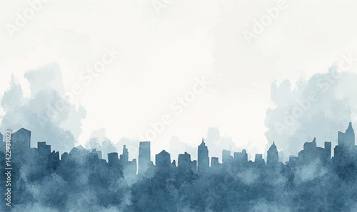 beautiful watercolor scene of a city skyline at twilight, with the sky transitioning from day to night in a blend of soft colors, building city watercolor