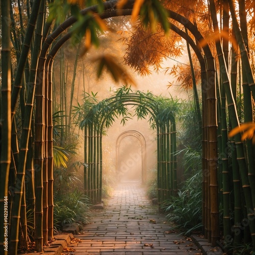 autumn forest digital backdrop, autumn background, Grass, Trees, bamboo, with a Paver blocks path for creative composite images