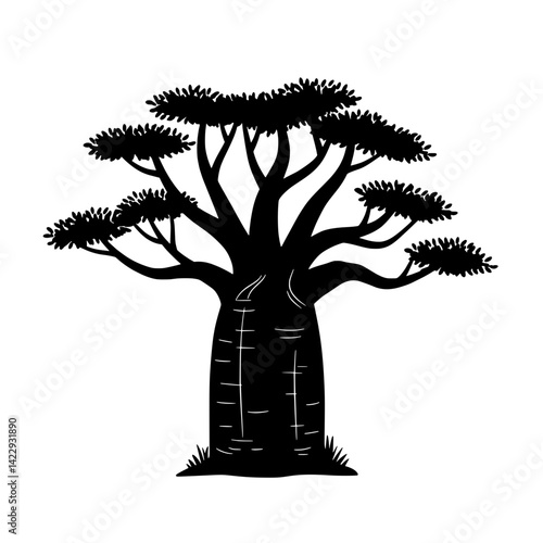 Majestic Baobab Silhouette: A stark silhouette of an iconic baobab tree stands tall, its thick trunk and sprawling branches a testament to resilience and the beauty of the African landscape. 