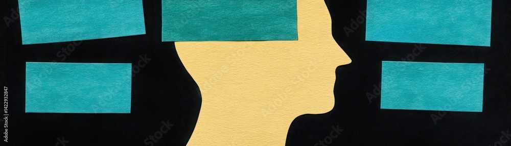 Creative representation of a human head silhouette with sticky notes symbolizing memory, ideas, and thoughts on a black background, highlighting cognitive processes and organization.