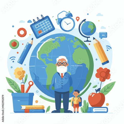 education, school, teacher, background, world, knowledge, celebration, vector, happy, design, student, illustration, text, day, international, card, banner, learn, book, poster, creative, college, gre