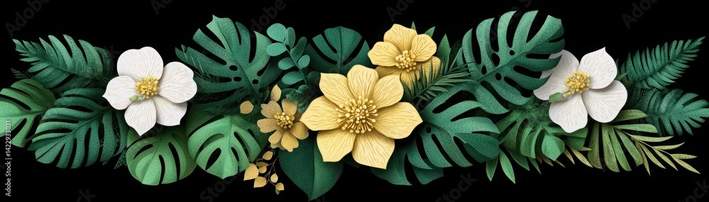 Decorative floral arrangement featuring white and yellow flowers with lush green leaves on a black background, ideal for nature-themed designs and prints