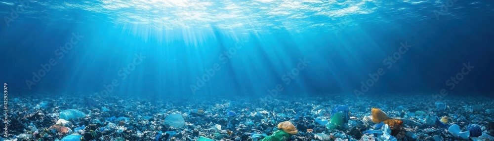 Underwater Scene with Plastic Pollution Highlighting Environmental Issues, Sunlight Rays Penetrating Blue Ocean Waters, Marine Life Threatened by Debris