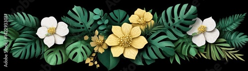 Obraz na płótnie Decorative floral arrangement featuring white and yellow flowers with lush green leaves on a black background, ideal for nature-themed designs and prints w salonie