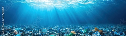 Obraz na płótnie Underwater Scene with Plastic Pollution Highlighting Environmental Issues, Sunlight Rays Penetrating Blue Ocean Waters, Marine Life Threatened by Debris w salonie