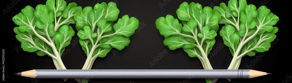 Fresh Green Lettuce Leaves Framing a Gray Pencil on a Dark Background Ideal for Healthy Eating and Nutrition Themes in Illustrations
