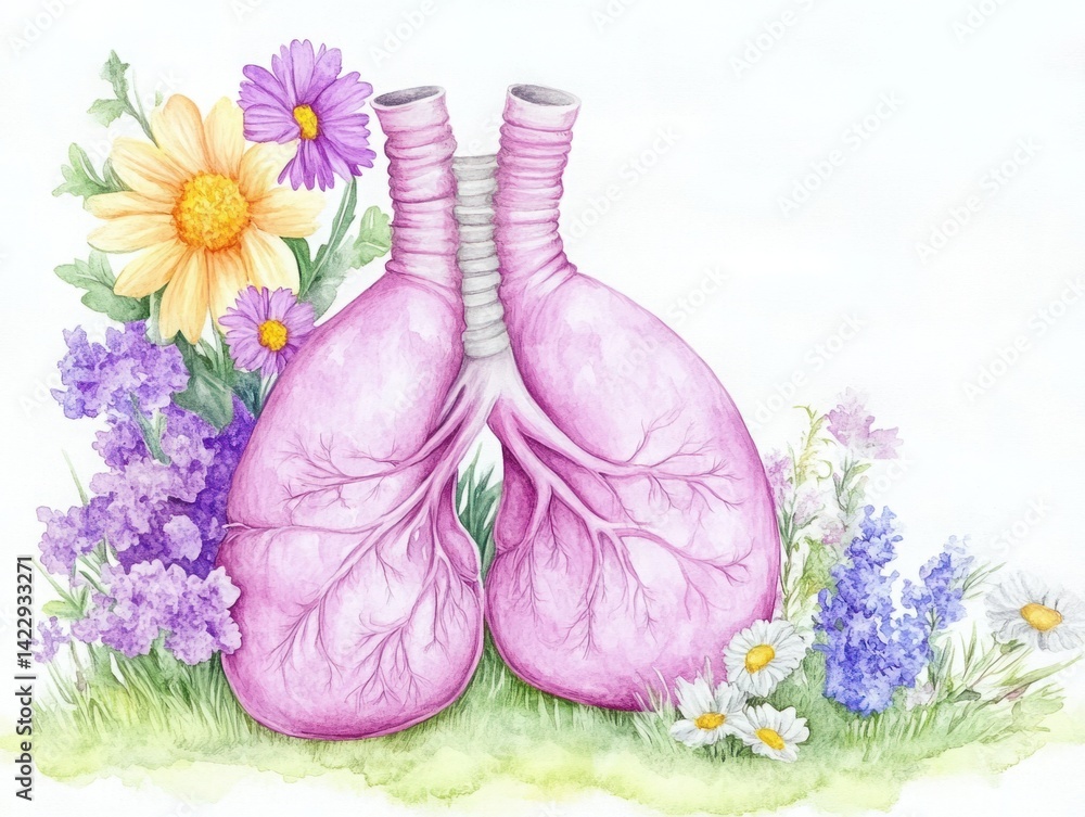 Vibrant Watercolor Illustration of Lungs Surrounded by Colorful Wildflowers Celebrating Health and Nature in Artistic Composition