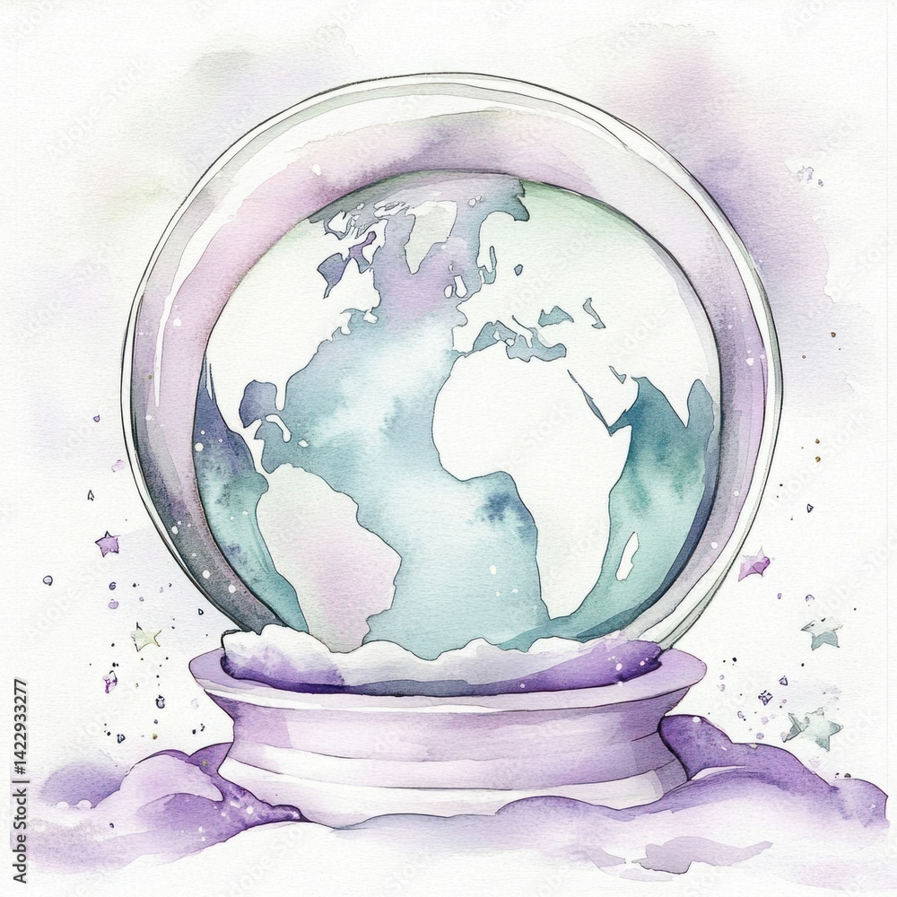 Whimsical Watercolor Earth Globe in a Snow Globe with Soft Pastel Colors and Magical Stardust Surrounded by Lavender and Light Purple Hues
