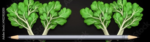 Obraz na płótnie Fresh Green Lettuce Leaves Framing a Gray Pencil on a Dark Background Ideal for Healthy Eating and Nutrition Themes in Illustrations w salonie